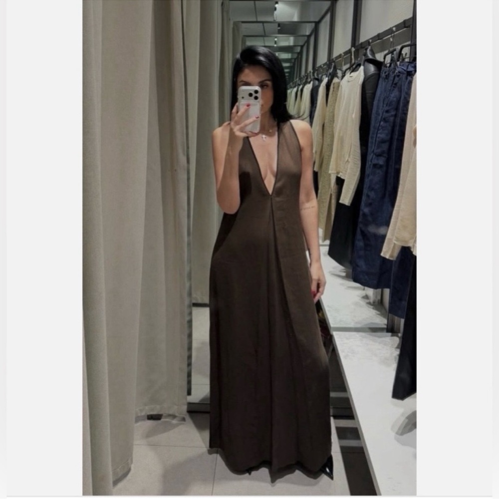 Zara ZW Collection linen blend midi dress chocolate 8218/586